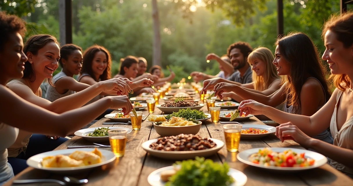 Brasileiros celebrando com comida típica em mesa farta em Orlando 