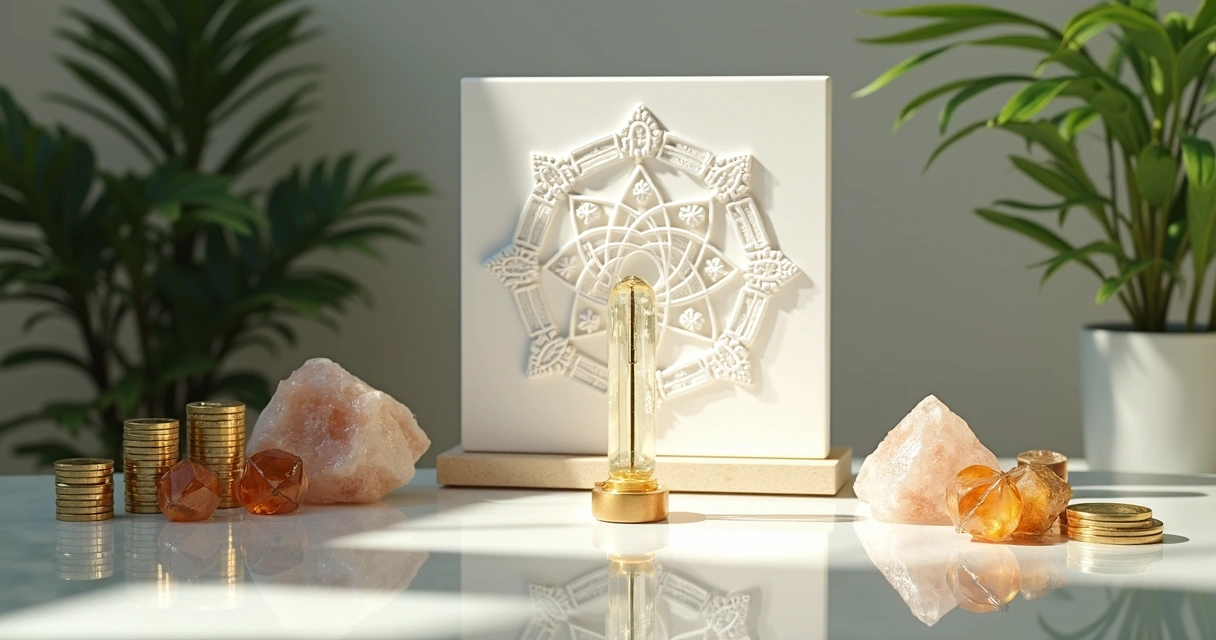 Mesa com gráficos radiônicos, pirita e citrino 