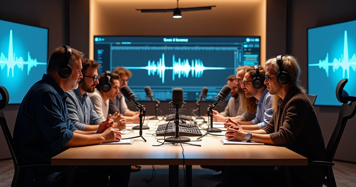 Mesa de gravação com microfones e equipe em estúdio de podcast corporativo 