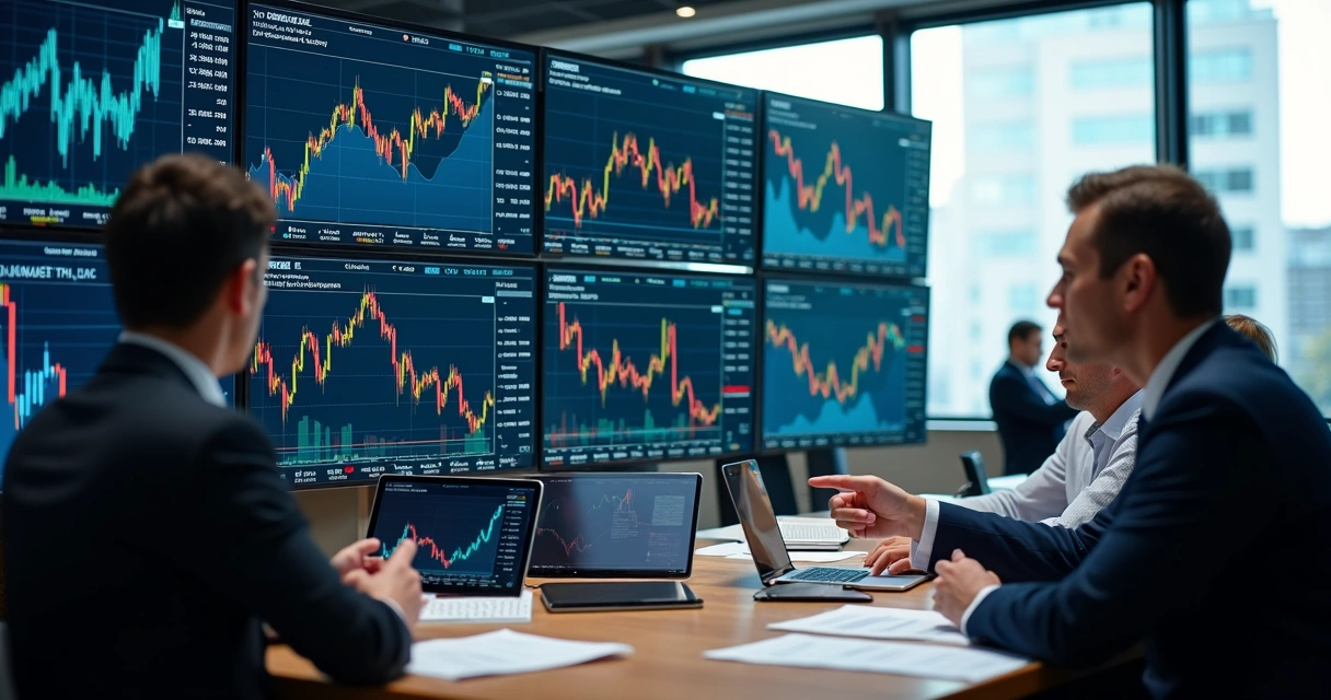 Traders em mesa de hedge analisando telas financeiras