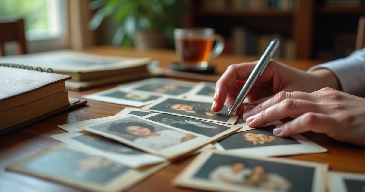 Fotografias antigas, caderno e mãos sobre mesa de madeira
