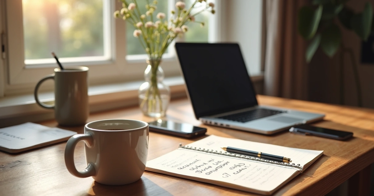 Mesa de home office organizada com café, bloco de notas e notebook 