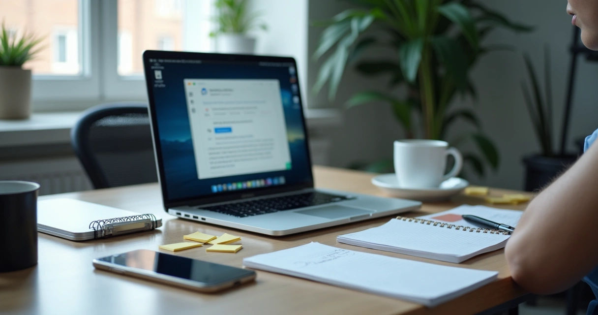 Mesa de home office com notebook, celular e anotações espalhadas 