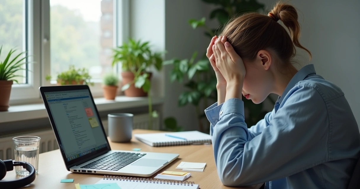 Mesa de home office com notebook, agenda e sinais de cansaço 