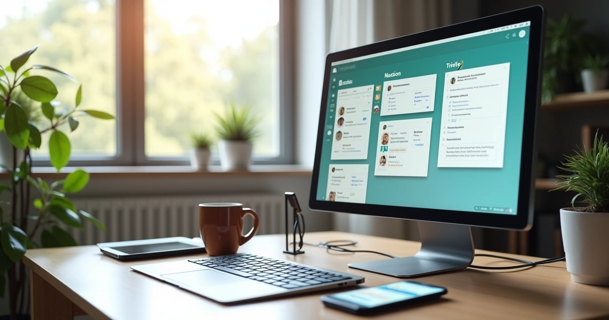 Estação de trabalho remota com notebook, smartphone e telas mostrando Slack, Notion, Trello e Zoom 