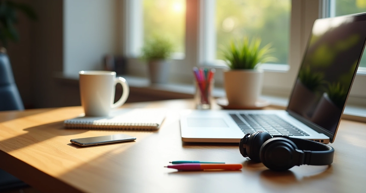 Mesa de home office organizada com computador, café e bloco de notas 