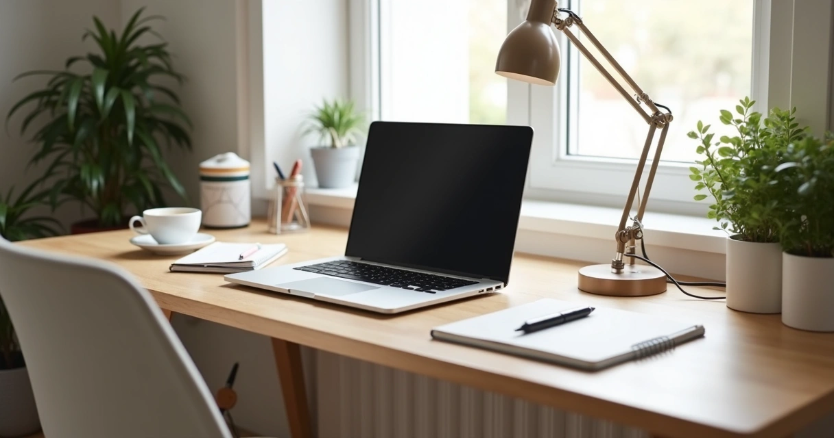 Mesa de home office organizada com notebook e luz natural