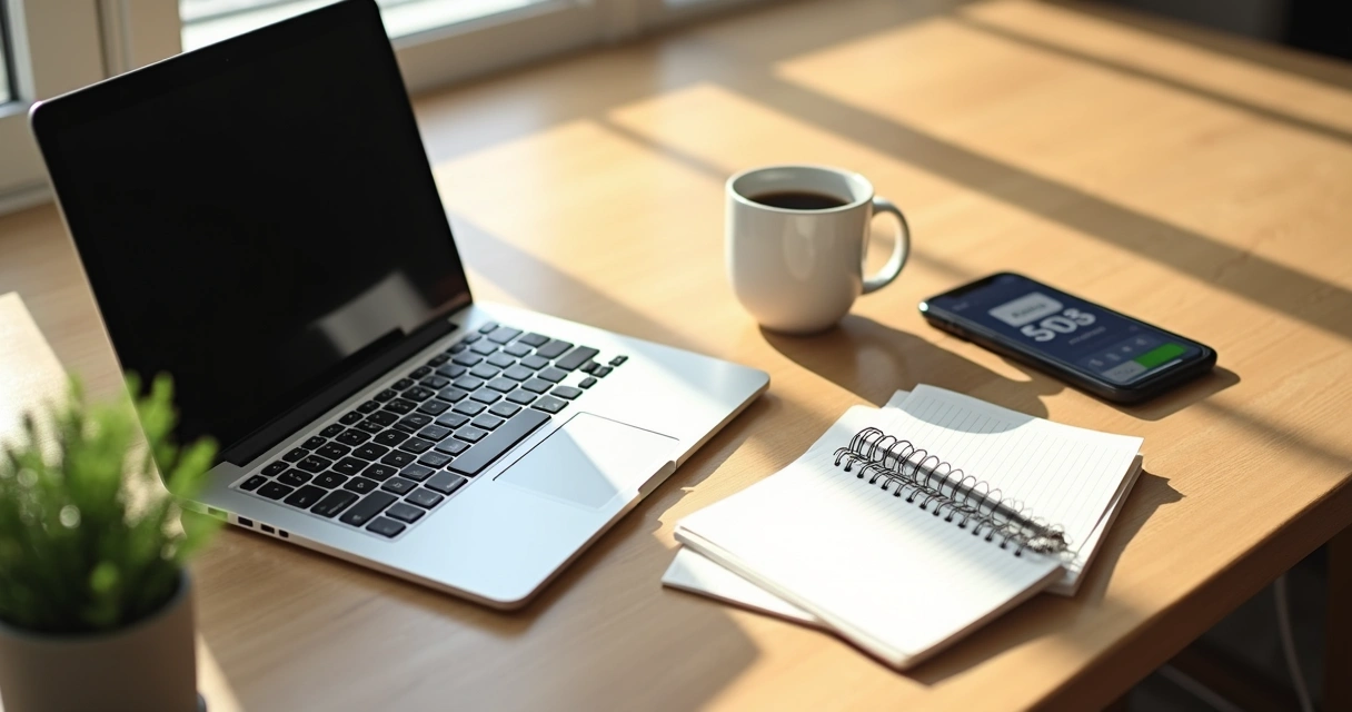 Mesa de home office organizada com notebook, calculadora, bloco de notas e planta ao lado 