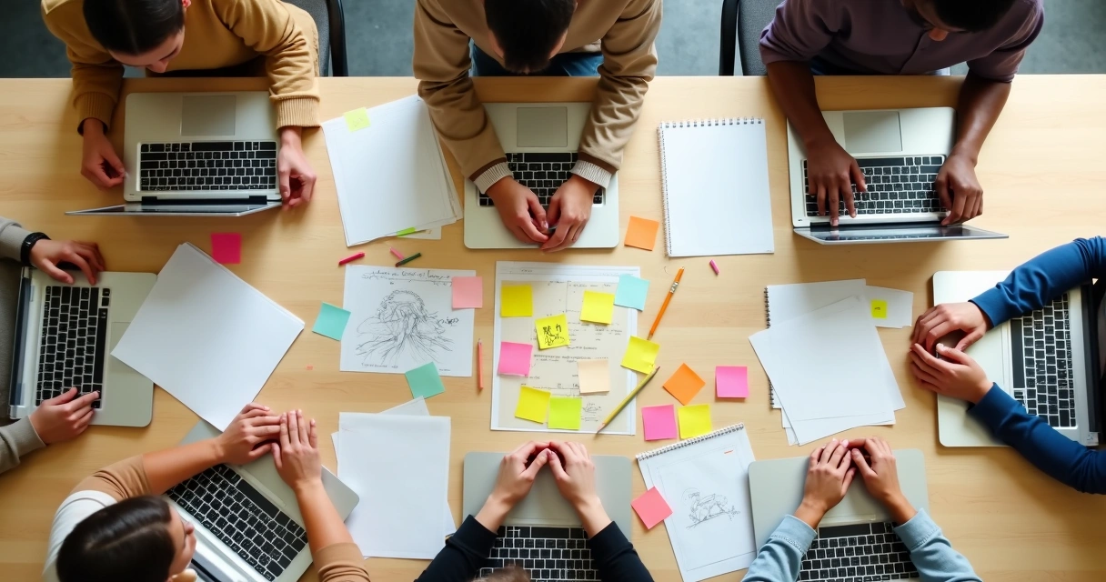 Mesa de trabajo con notas y personas haciendo una pausa consciente