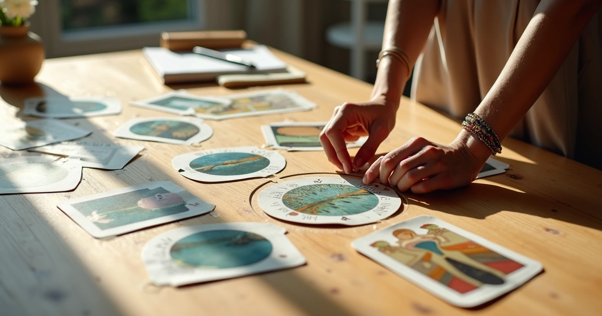 Mesa de madeira com cartas de imagens terapêuticas organizadas em desenho de constelação 