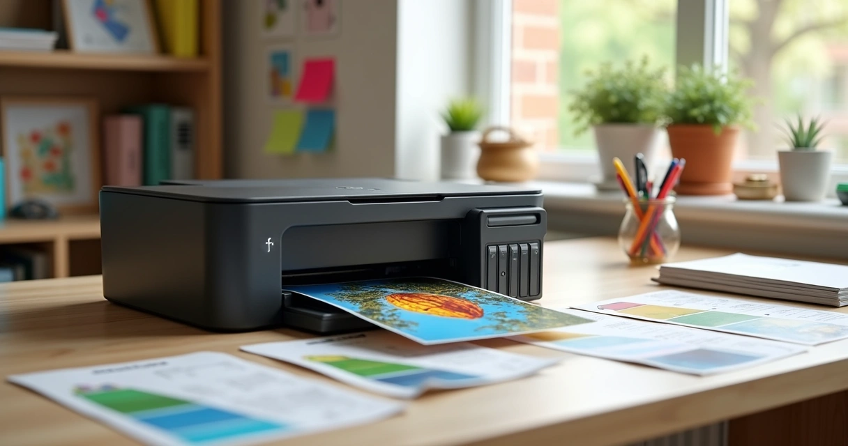 Impressora multifuncional colorida com etiquetas e fotos 