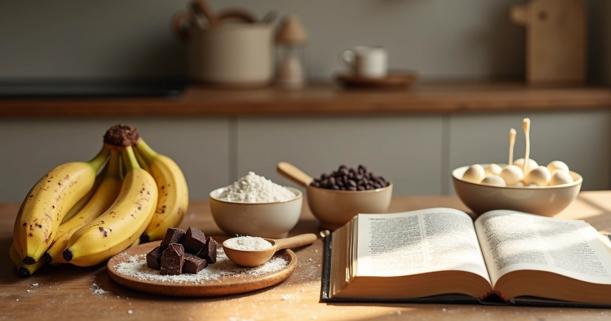 Mesa de cozinha com ingredientes de muffins ao lado de Bíblia aberta e caderno devocional 