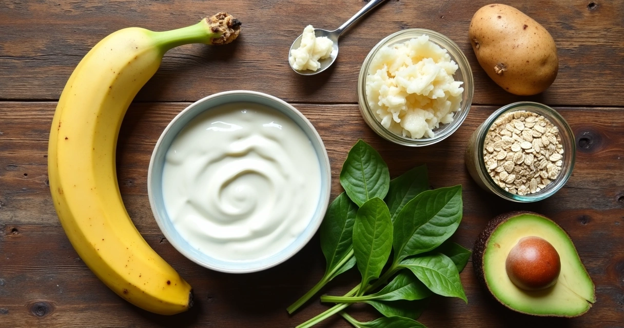 Ingredientes ricos em fibras e fermentados em uma mesa de madeira
