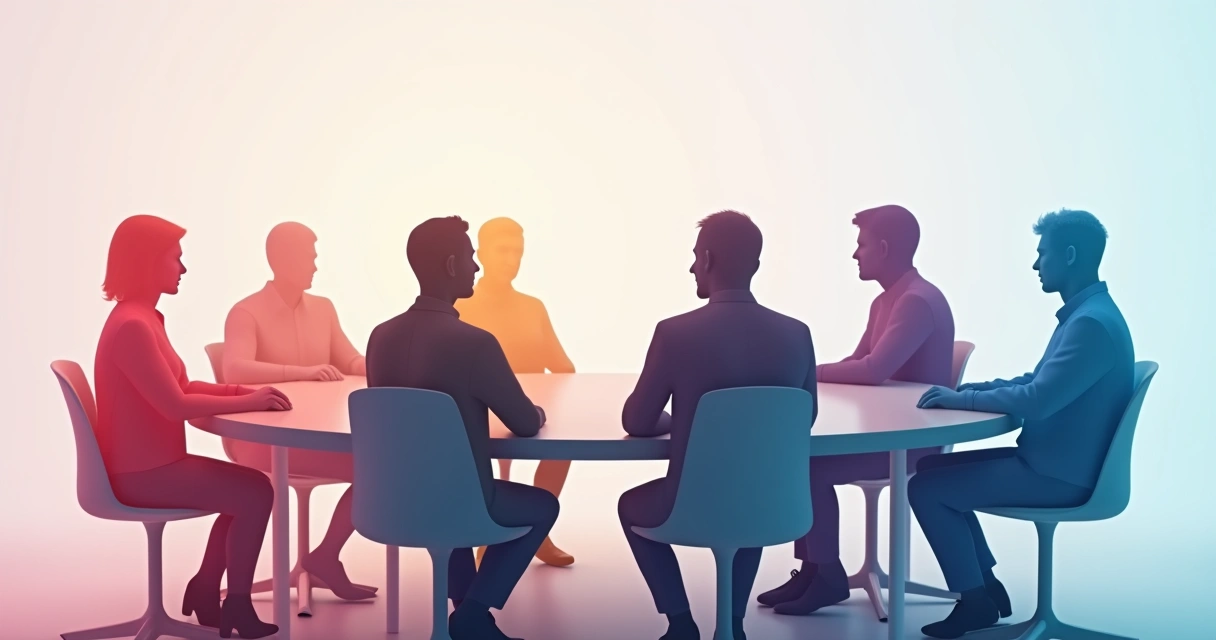 Desenho de várias silhuetas sentadas ao redor de uma mesa em diálogo 