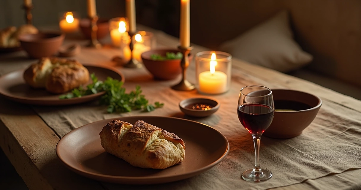 Mesa rústica preparada com pão sem fermento, taça de vinho e ervas amargas em ambiente intimista 