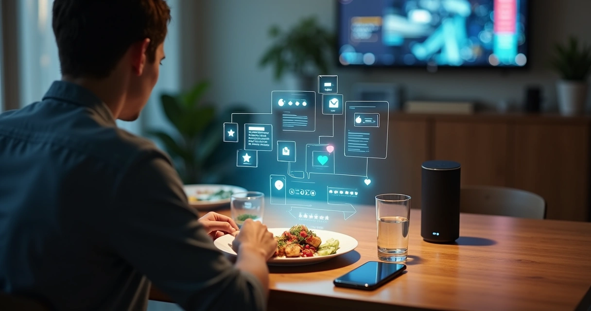 Pessoa sentada à mesa de jantar com assistentes virtuais projetando recomendações na comida 