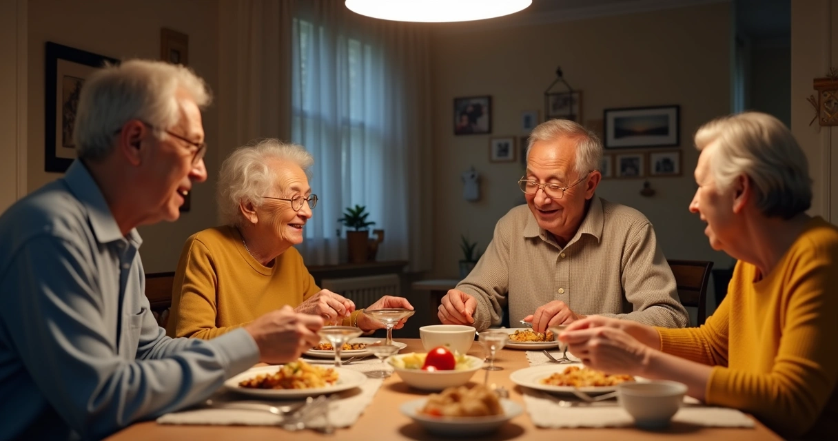 Família reunida em volta da mesa de jantar em casa. 