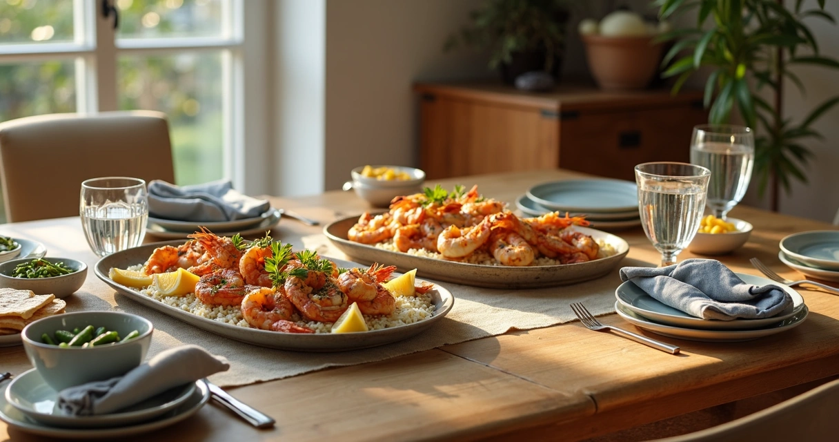Mesa de jantar com pratos simples de frutos do mar para refeição de Quaresma em família 