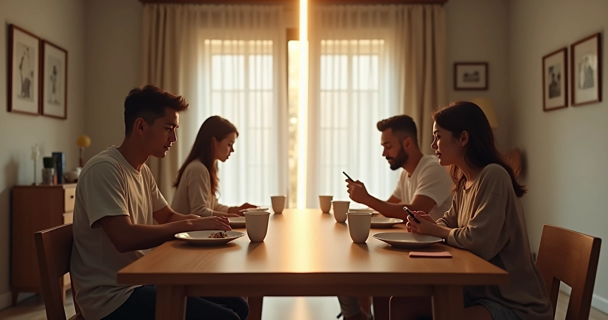 Pais na mesa de jantar separados por parede invisível 