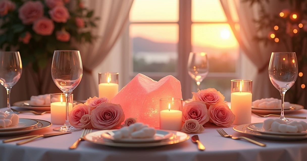 Mesinha de jantar decorada com velas e quartzo rosa ao centro, iluminada pelo pôr do sol.