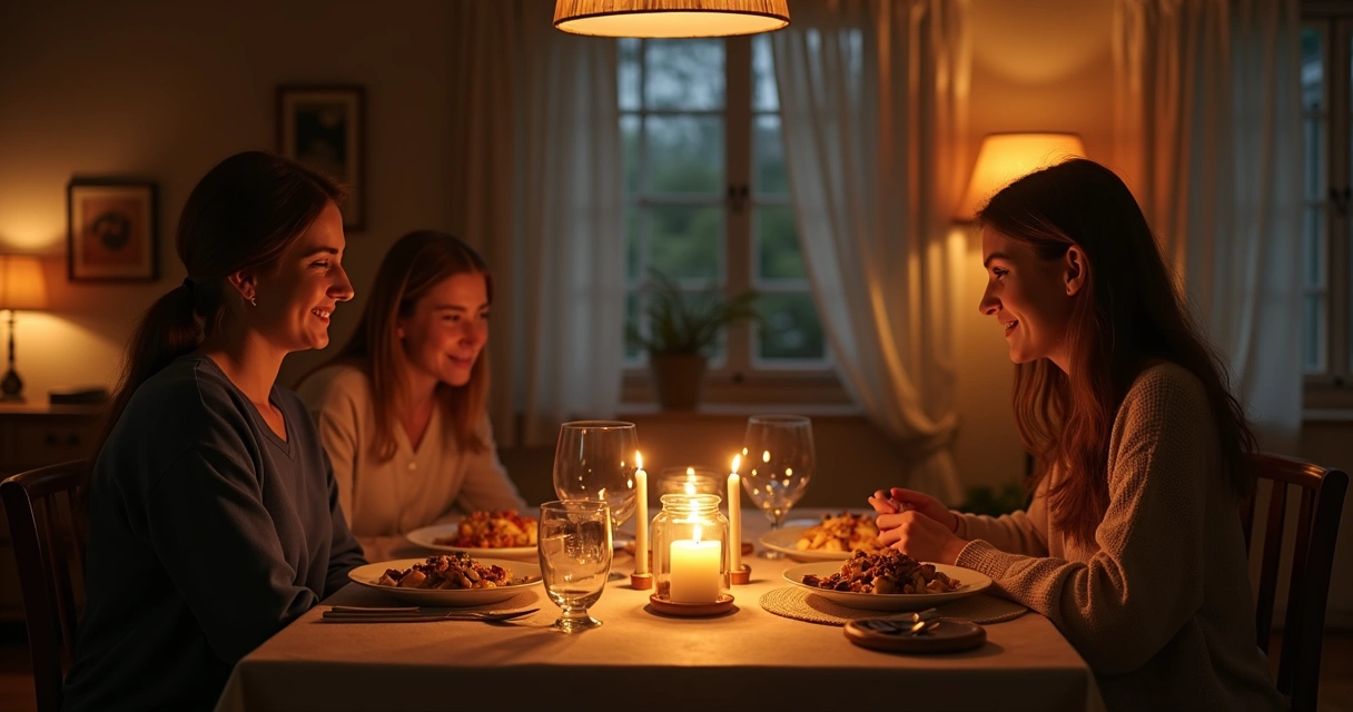 Mesa de jantar com velas acesas e pessoas conversando 