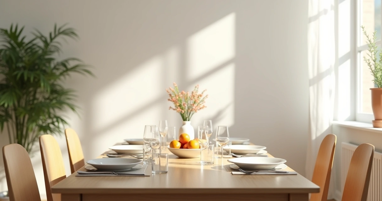 Mesa posta sem comida, apenas com copos de água e frutas 