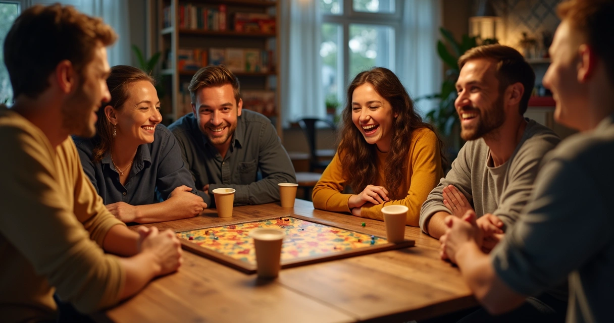Mesa de jogos com amigos reunidos jogando e sorrindo 