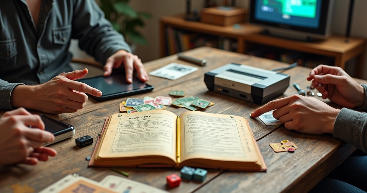 Mesa de madeira com jogos de tabuleiro e videogames antigos espalhados ao redor de um manual aberto 