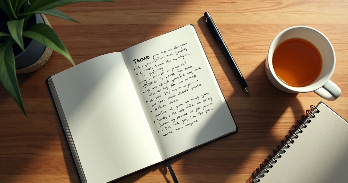 Mesa de madeira com bloco, caneta e xícara de chá ao lado