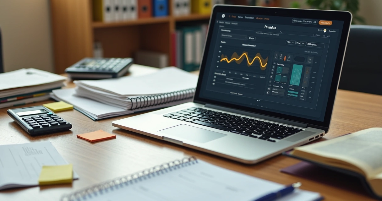 Mesa de escritório jurídico com notebook, agenda, planilhas e documentos digitais 