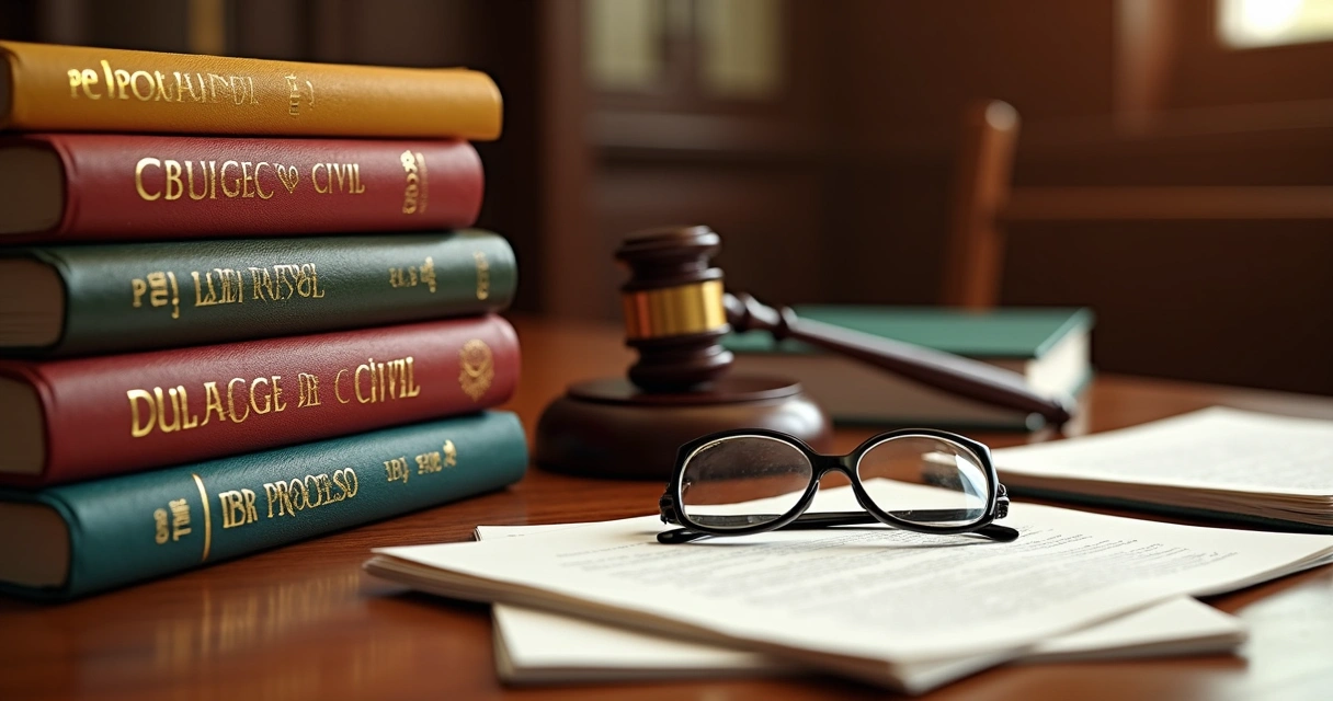 Mesa de juiz com Código de Processo Civil e documentos 