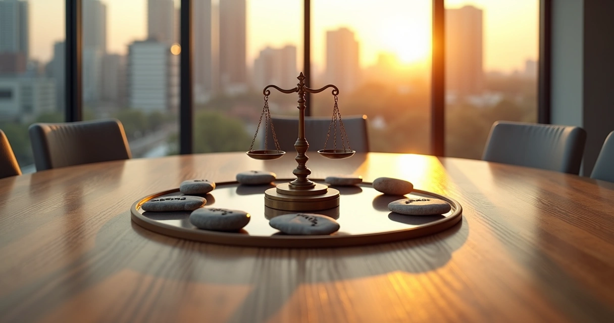 Mesa redonda com objetos simbolizando justiça restaurativa em ambiente corporativo 