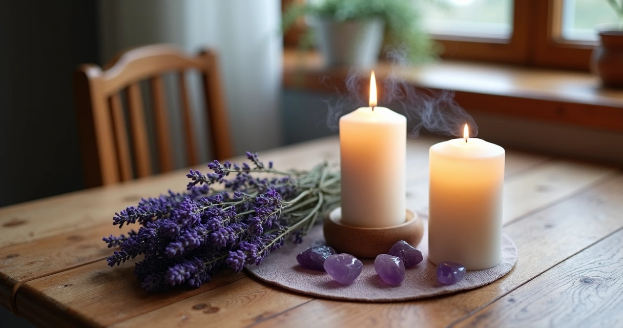 Mesa com lavanda, vela acesa e pedras para ritual de purificação 