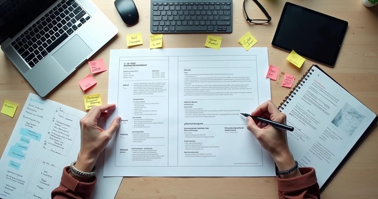 Mesa organizada com esboços de layout de currículo de desenvolvedor e anotações sobre mercado internacional 