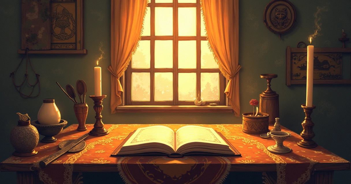Mesa de leitura de Tarô com cartas, vela, incenso e cristais, criando um ambiente tranquilo e acolhedor.
