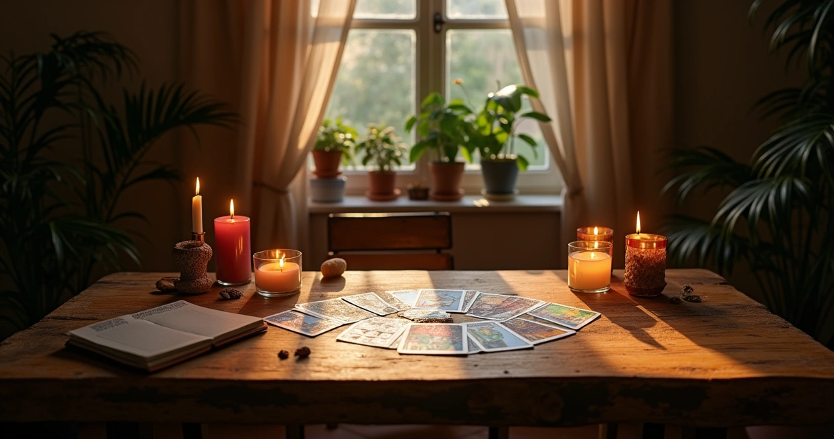Mesa de tarot com cartas, caderno, caneta, e chá, em ambiente aconchegante e relaxante.