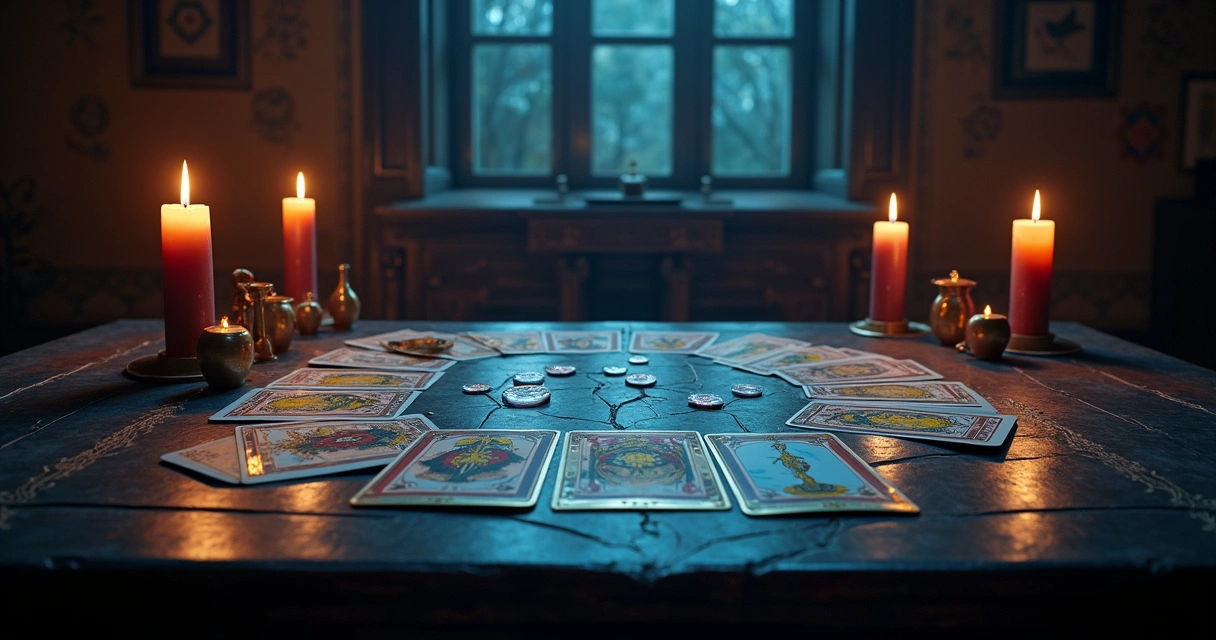 Leitura de tarot em uma mesa decorada com velas, cartas e elementos esotéricos em tons místicos.