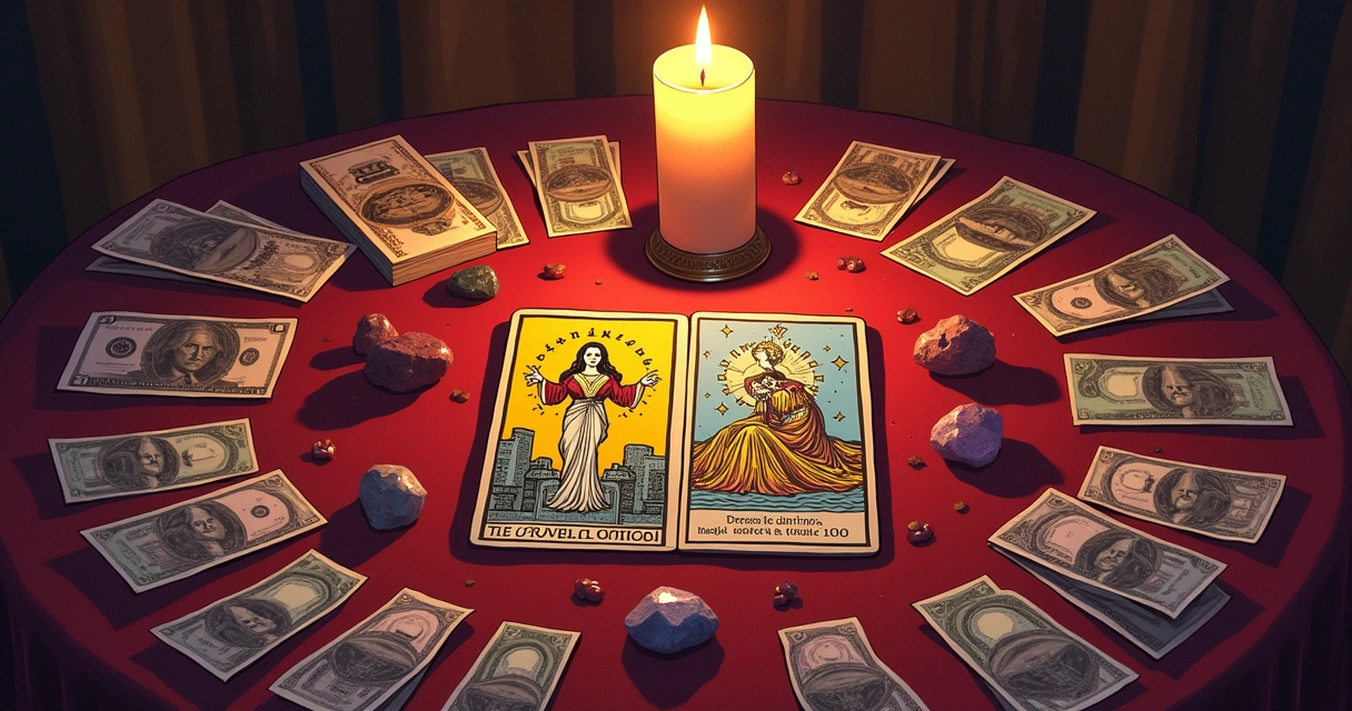 Mesa de leitura de tarot com cartas, dinheiro e cristais, simbolizando finanças pessoais.
