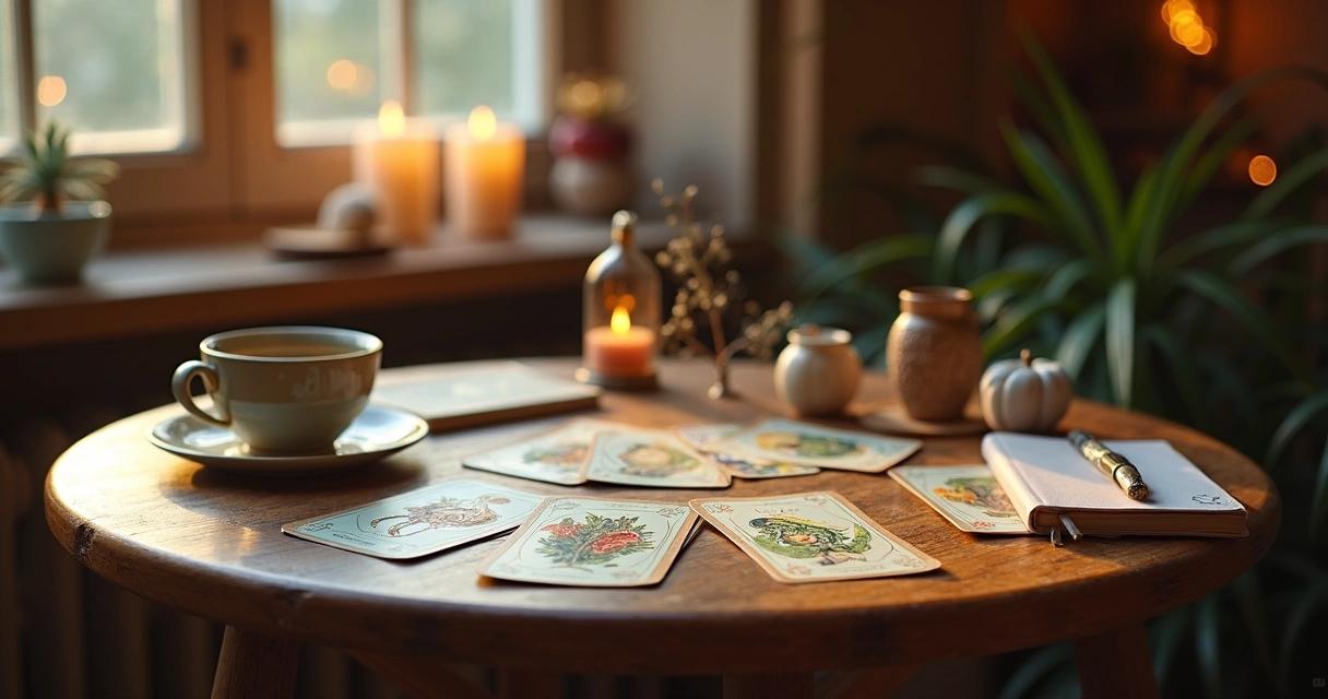 Cartas Lenormand dispostas em uma mesa com detalhes esotéricos ao fundo 