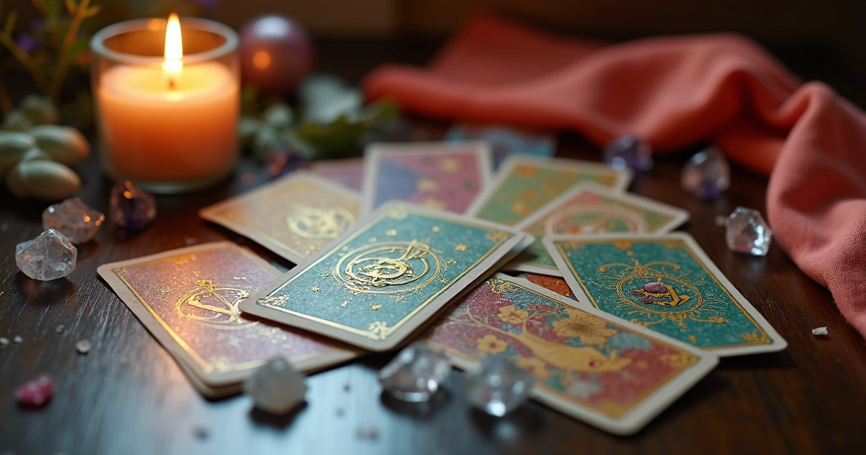 Cartas de baralho Lenormand dispostas sobre uma mesa com luz suave e acessórios esotéricos 
