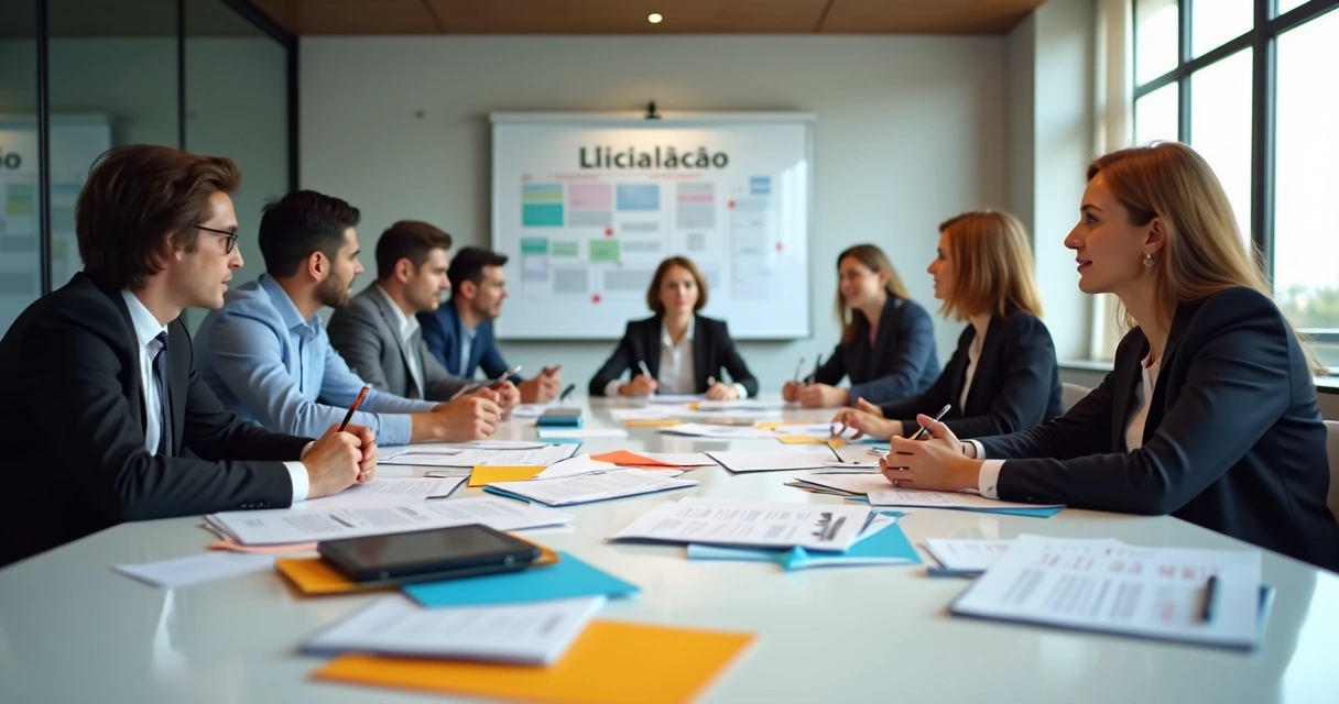 Mesa com comissão de licitação avaliando documentos e licitantes 
