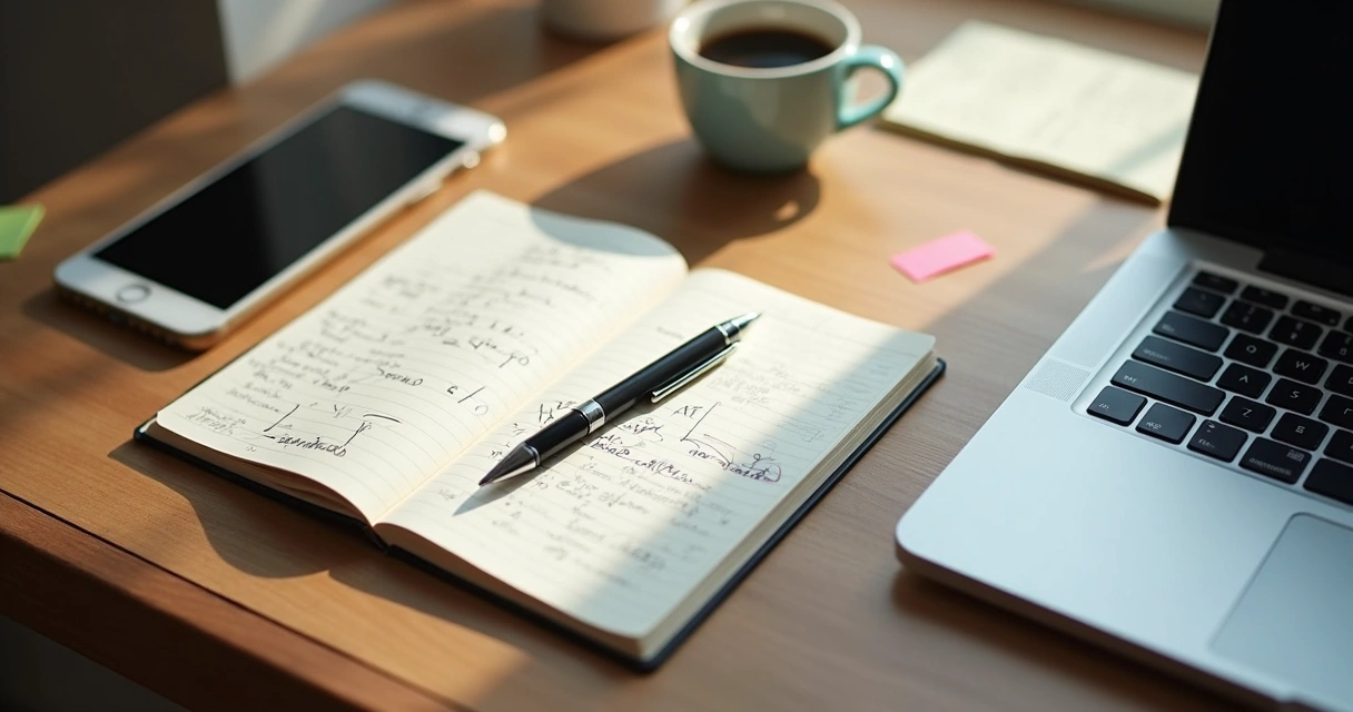 Mesa de líder com bloco de notas, caneta e computador portátil 