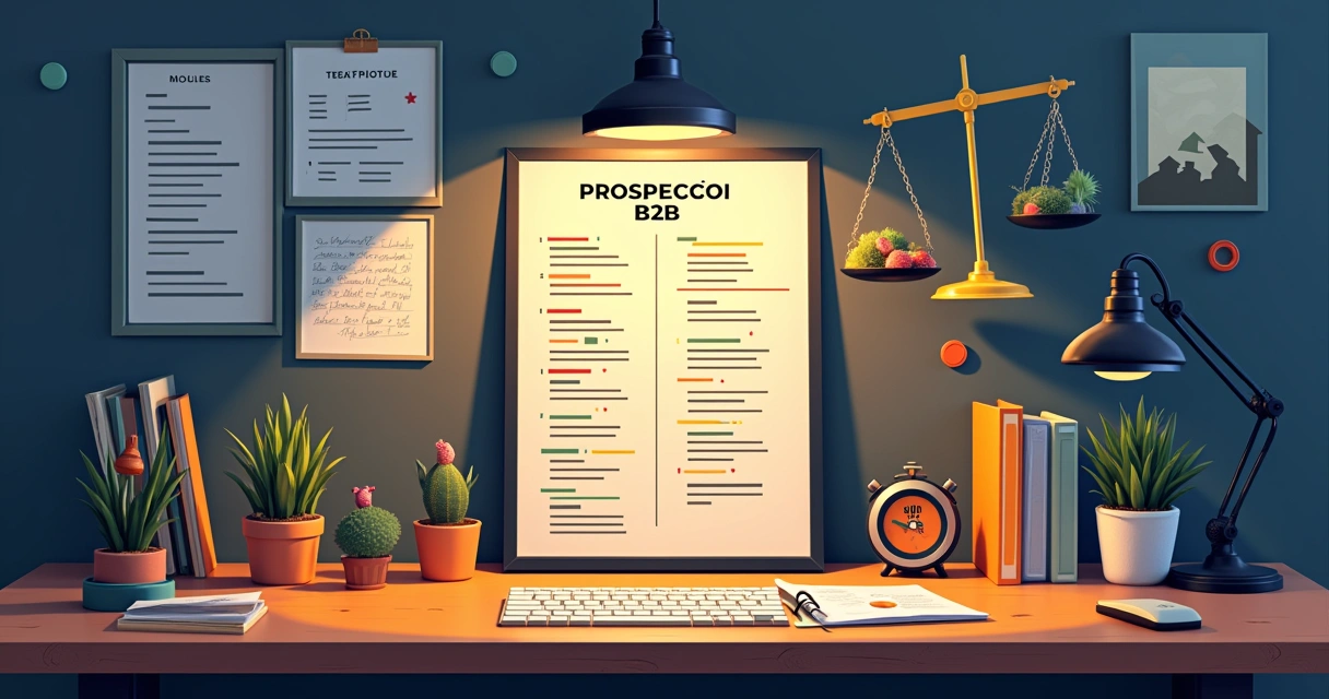 Ilustração de uma mesa bagunçada com lista de prospecção, quadro-negro e gráfico de números caindo em ambiente tenso.