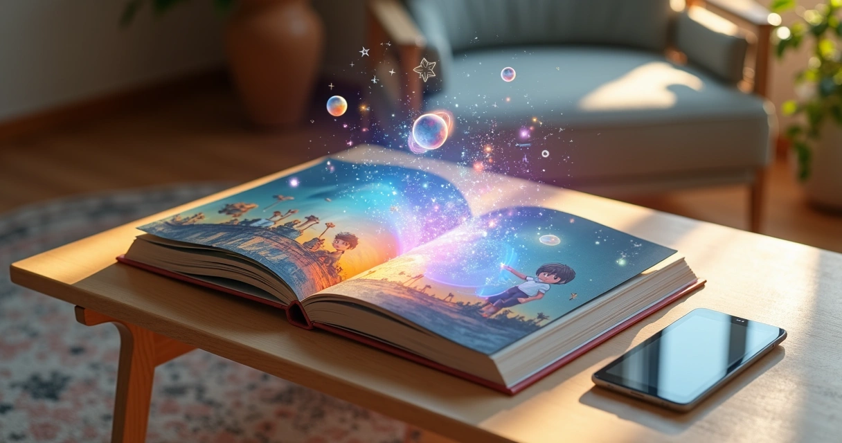 Livro infantil aberto em mesa de madeira com holograma colorido saindo das páginas 
