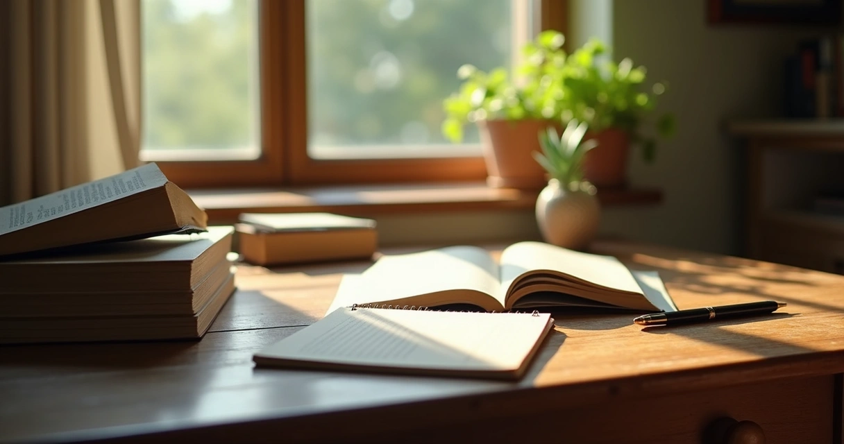 Mesa de madeira com livros abertos e luz suave de manhã