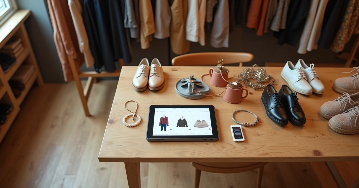 Loja com mesa de madeira exibindo catálogo digital e produtos em destaque 