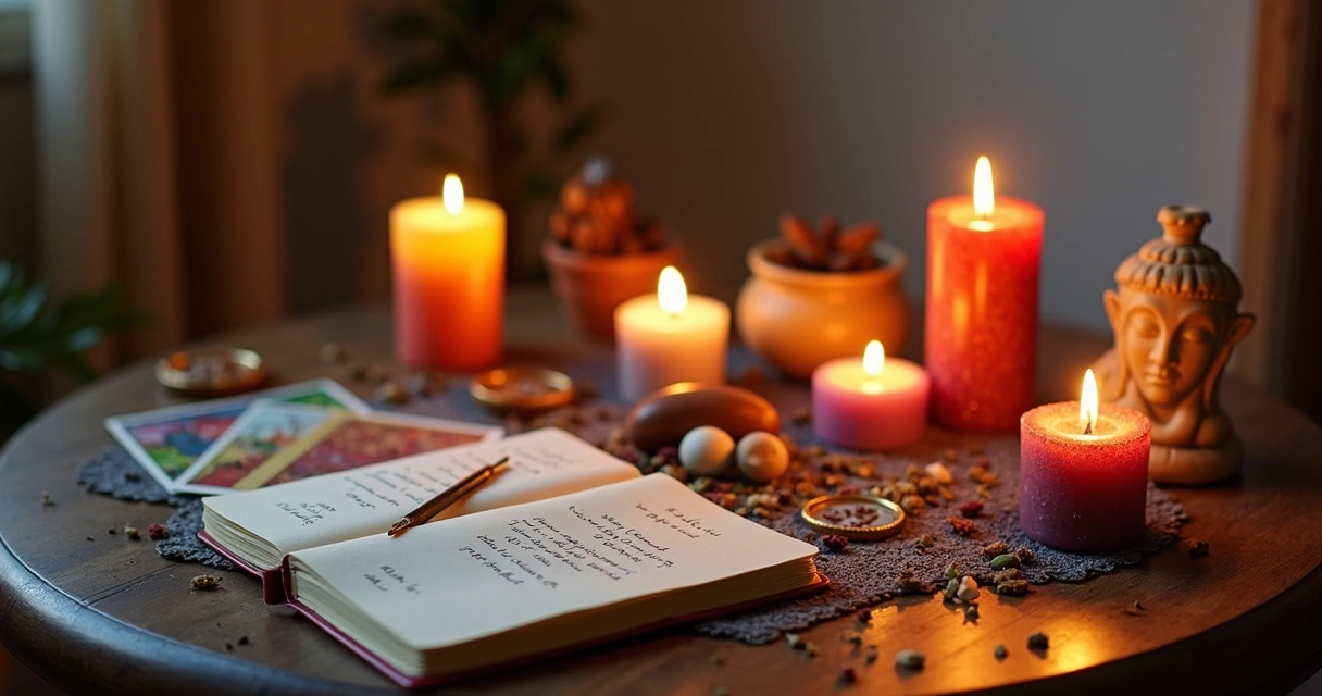 Mesa com várias velas coloridas acesas e objetos esotéricos 