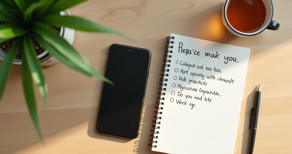 Mesa com caderno, chá e celular virado para baixo