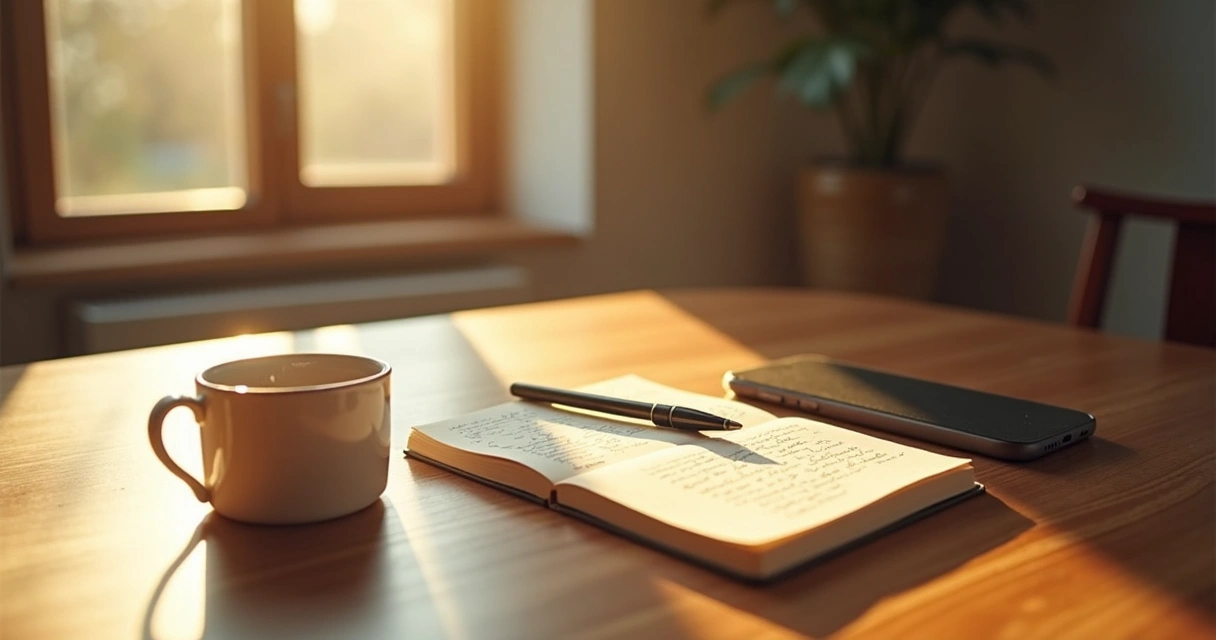 Caderno, chá e luz da manhã sobre uma mesa 