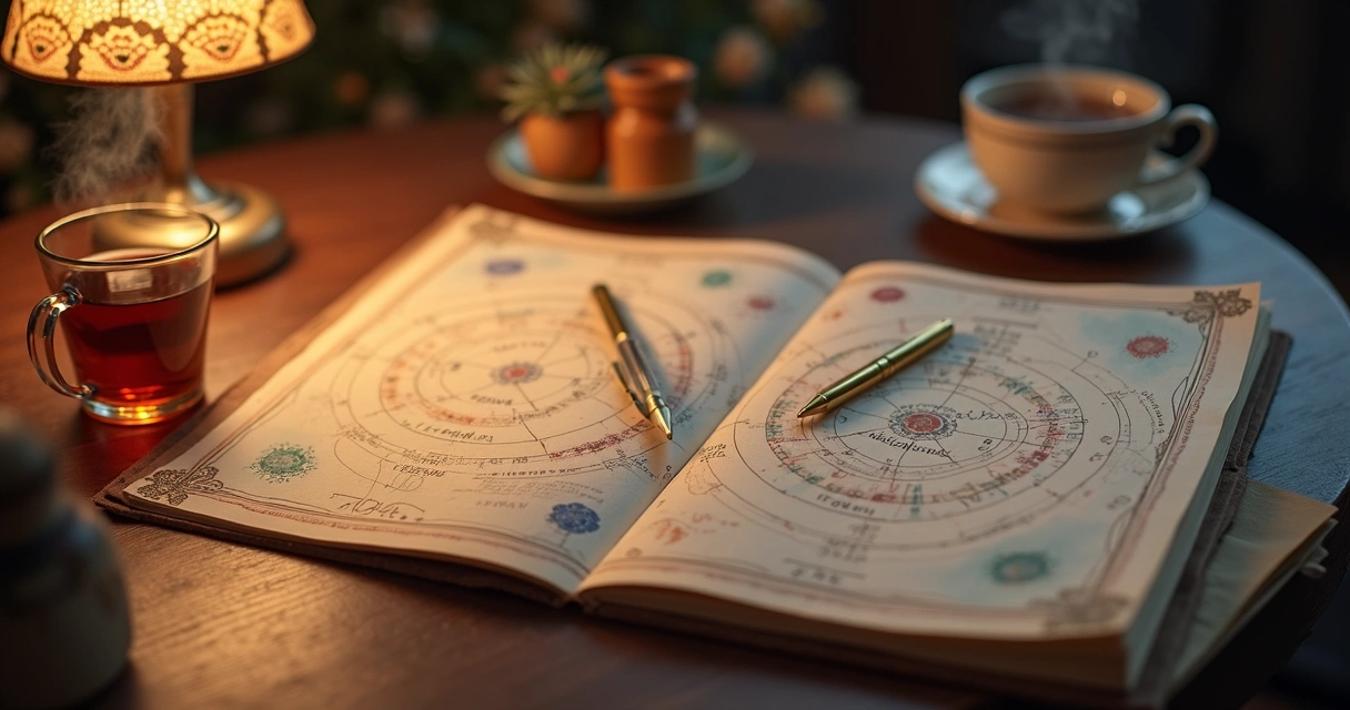 Mesa com mapa astral, caderno e caneta 